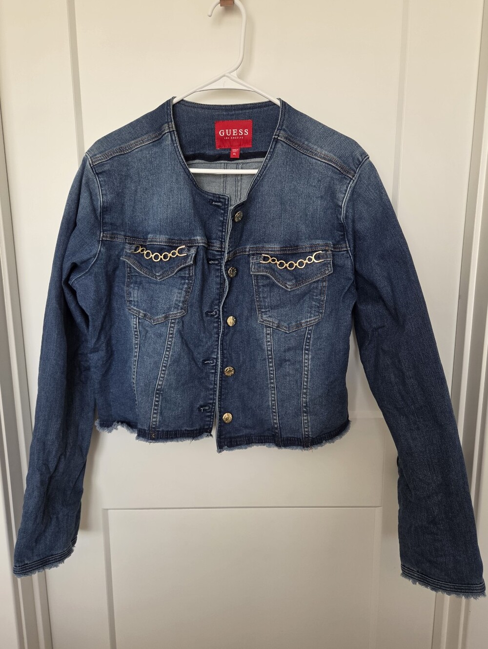 GUESS Women's Dark Blue Denim Jacket with Gold Chain Detail. Size XL. #MD